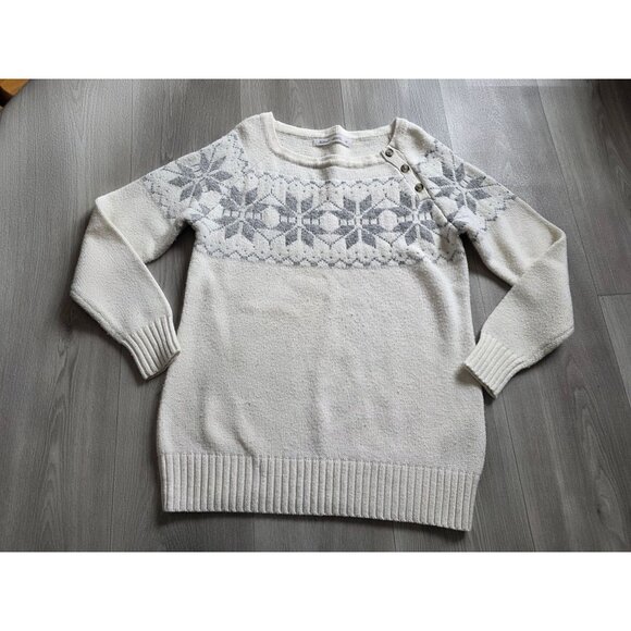 Woolrich White & Gray Nordic Snowflake Sweater Womens M Button Shoulder Knit - Picture 5 of 10
